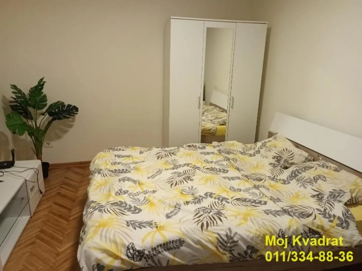 Furnished bedroom with a double bed, wardrobe, and a decorative plant.