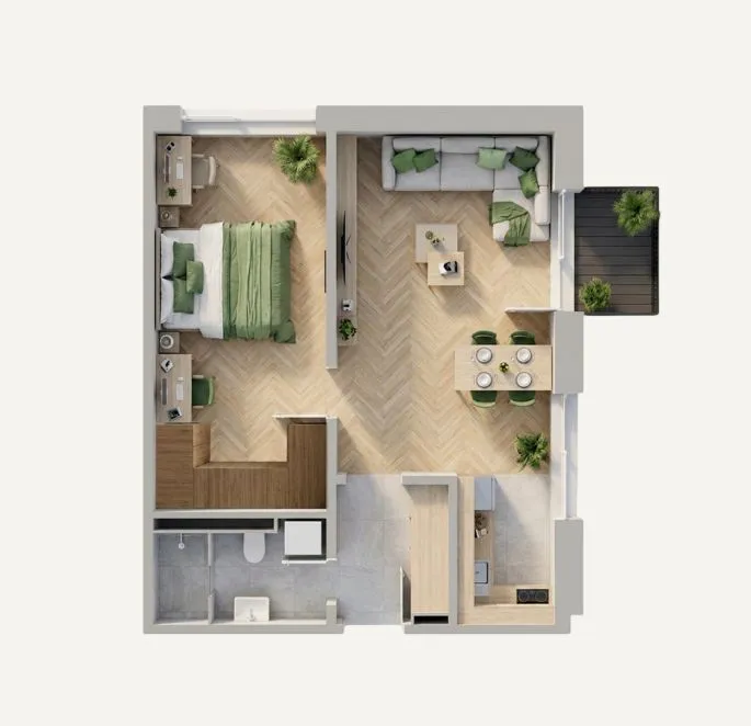 Trodimenzionalni prikaz osnove stana sa rasporedom namještaja.