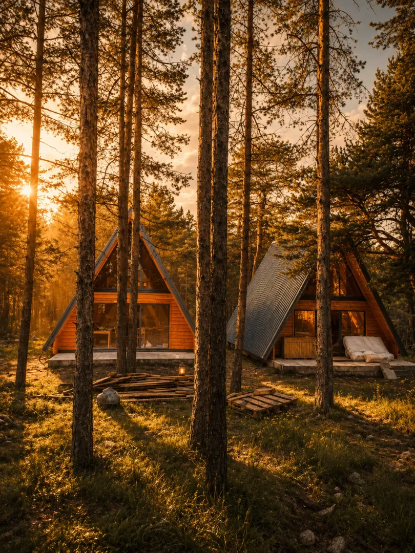 Moderne drvene vikendice u šumi tokom zalaska sunca.