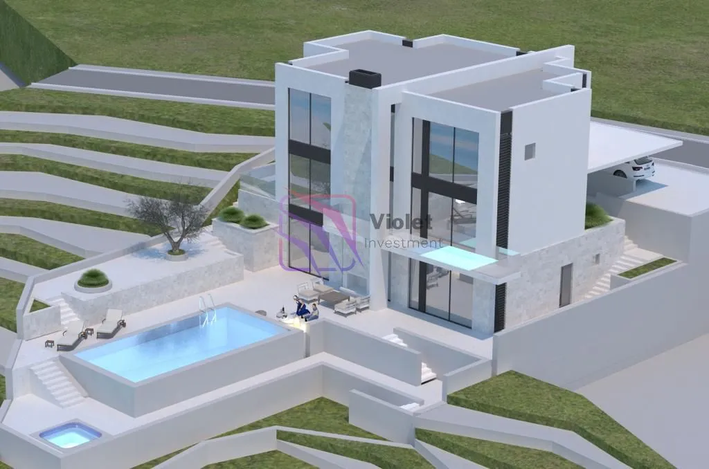 Prikaz 3D vizualizacije moderne vile sa bazenom i uređenim dvorištem.