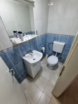 Small bathroom with blue and white tiles, a sink cabinet, and a toilet. - image 4