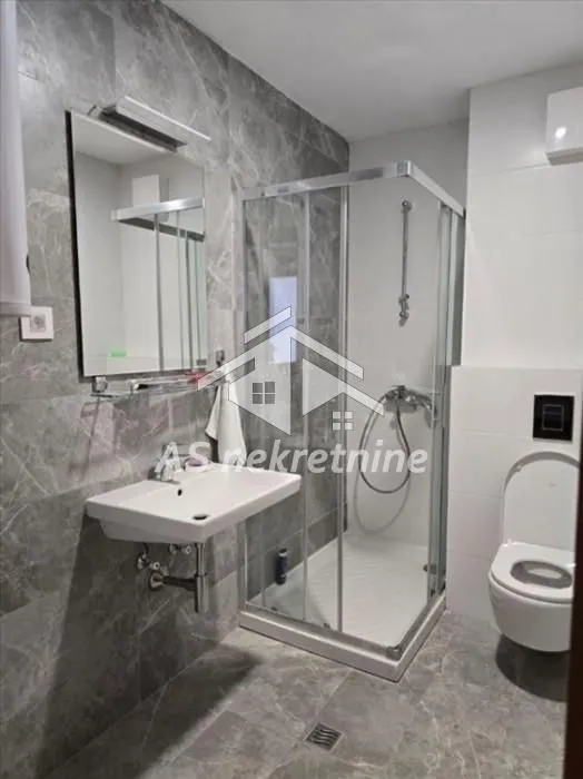 Modern bathroom with a shower cabin, washbasin, and toilet.