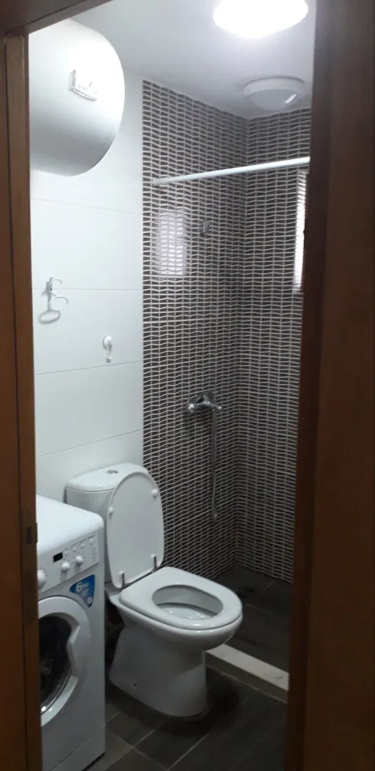Small bathroom with a shower area, toilet, and washing machine.
