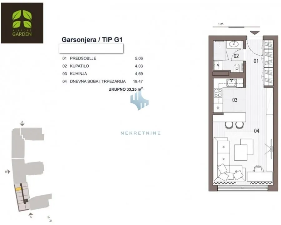 Studio apartment floor plan with room layout and areas.