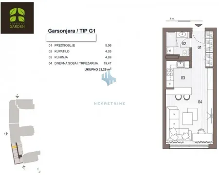 Studio apartment floor plan with room layout and areas. - image 2