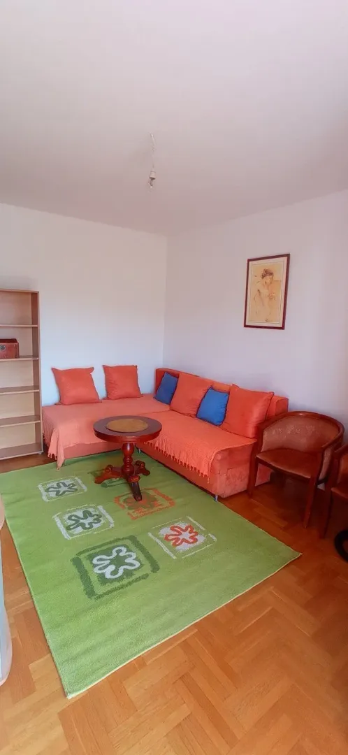A simple living room featuring an orange sectional sofa and a green rug.