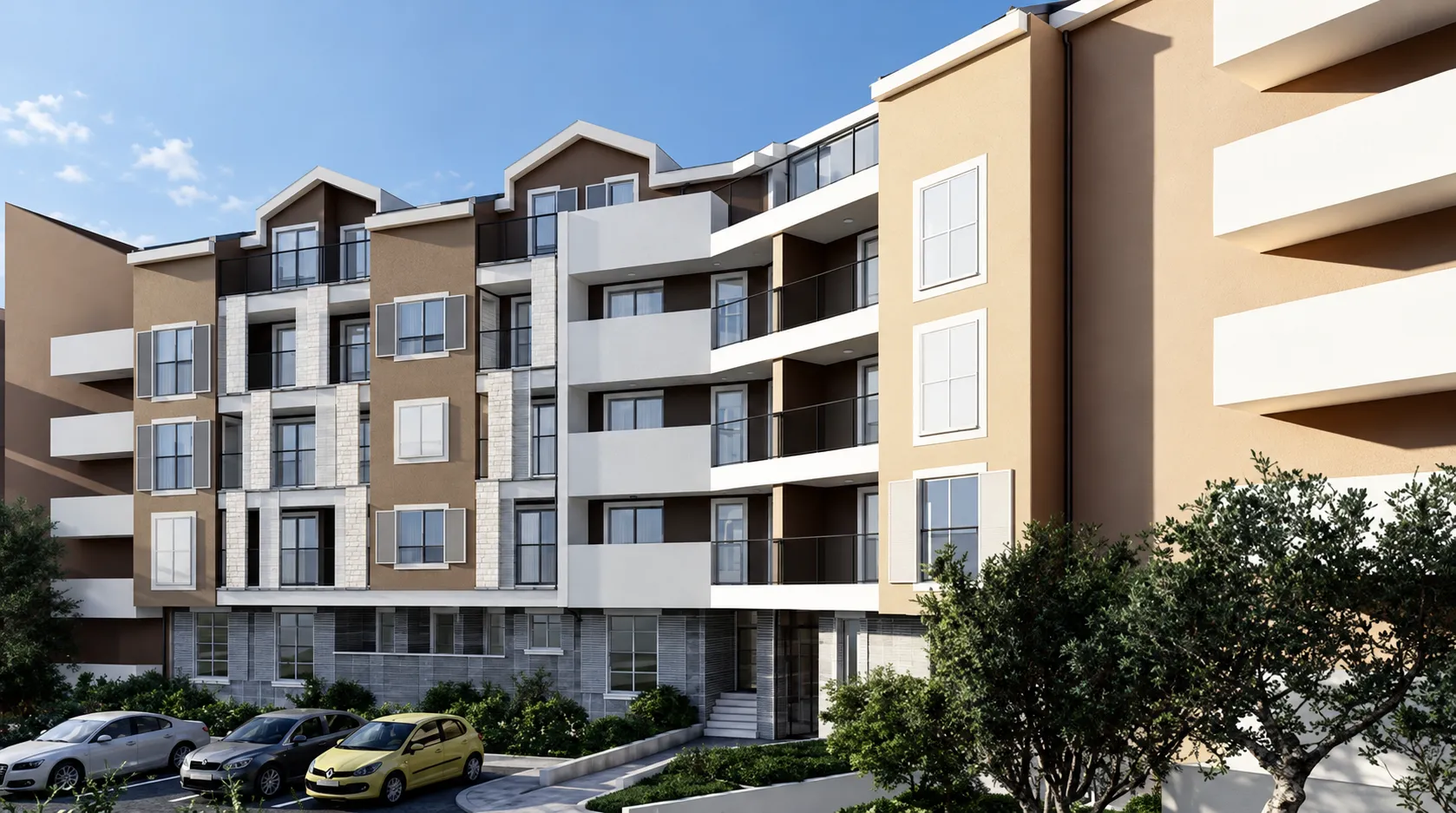 Exterior view of a modern residential building with balconies and parking in front.