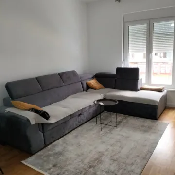 Bright living room with a large grey sectional sofa and a rug. - image 4