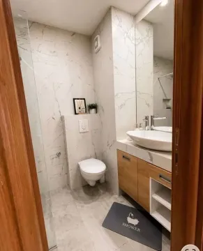 Modern bathroom with a washbasin, toilet, and walk-in shower. - image 4
