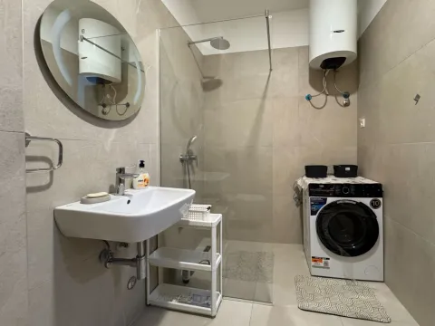 Savremeno opremljeno kupatilo sa tuš kabinom, umivaonikom i veš mašinom. - image 11