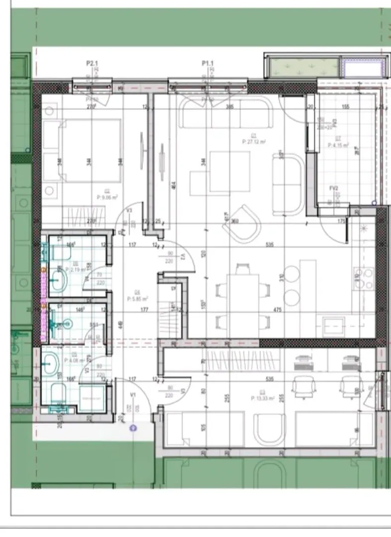 Detaljan arhitektonski plan stana sa rasporedom prostorija i dimenzijama.