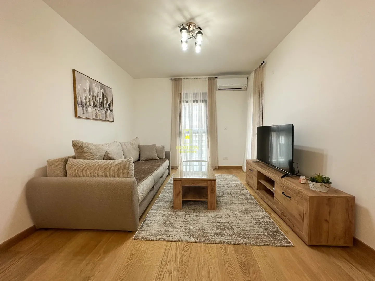 Living room with a sofa, TV console, and rug.