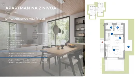 Osnova sprata i 3D vizuelizacija enterijera apartmana na dva nivoa. - image 2