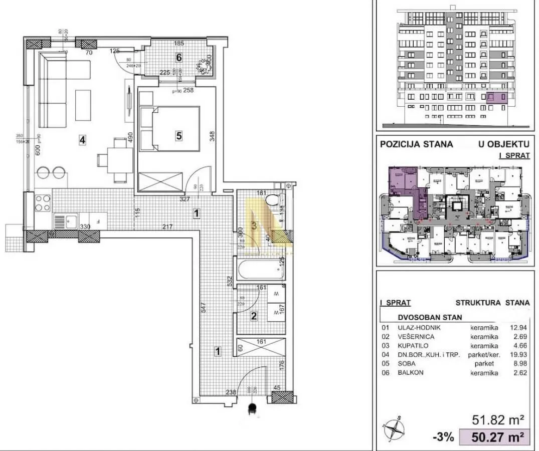 Sale, two bedroom apartment, 51m², Telep, Novi Sad Sve Podlokacije