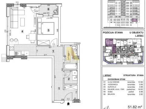 Sale, two bedroom apartment, 51m², Telep, Novi Sad Sve Podlokacije - image 1