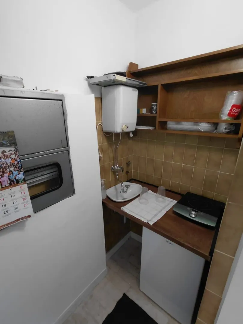 Small kitchen with a sink, small refrigerator, and hotplate.