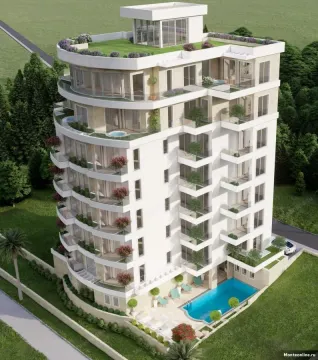 Aerial view of a modern residential building with balconies and a swimming pool. - image 7