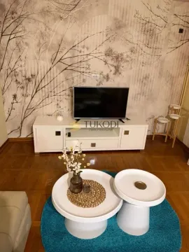 Dnevna soba sa TV komodom i stočićem na plavom tepihu. - image 14