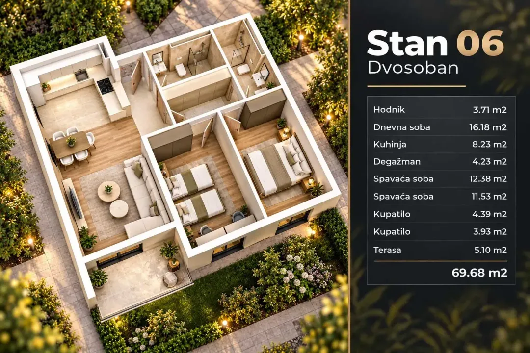 Prodaja, dvosoban stan, 70m², Gornja Gorica, Podgorica