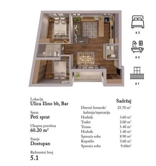 Prodaja, stan, 60m², Bar, Crna Gora