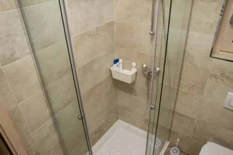 Moderna tuš kabina sa staklenim vratima i bež zidnim pločicama. - image 31