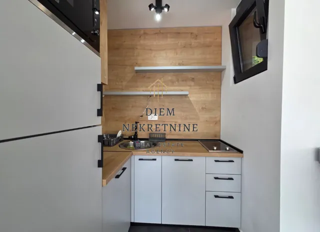 Small modern kitchen with white cabinets and a wooden wall panel.