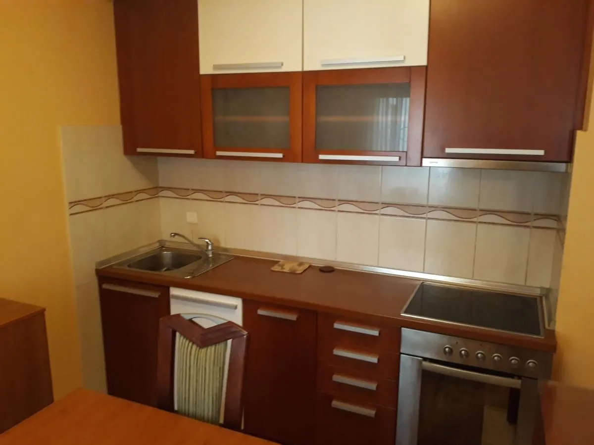 Manja kuhinja sa drvenim elementima, sudoperom i ugradnom pločom.