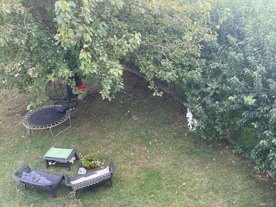 Green yard with trees, seating furniture, and a trampoline.