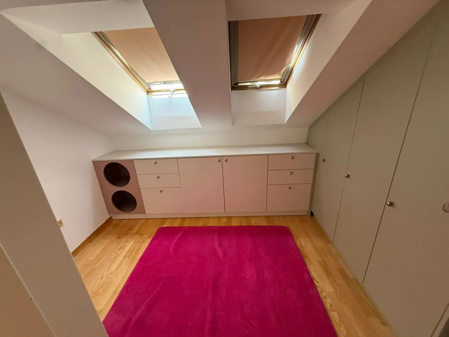 Potkrovlje sa krovnim prozorima, ugradnim plakarima i roze tepihom.