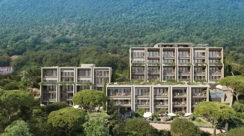 Prikaz eksterijera modernog stambenog kompleksa u zelenilu sa planinskom pozadinom. - image 3