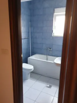 A simple bathroom with blue wall tiles, a bathtub, and a toilet. - image 3
