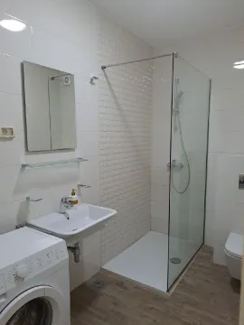 Bright equipped bathroom with a walk-in shower, washbasin, and washing machine. - image 9