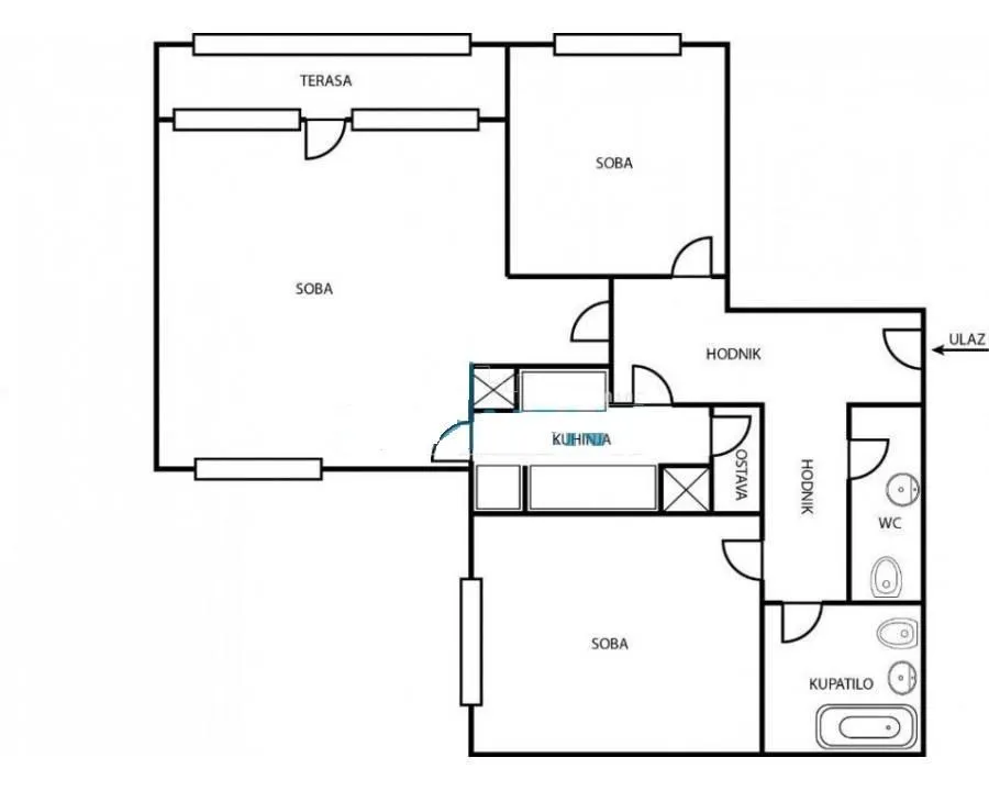 Floor plan of the apartment showing the layout of the rooms.