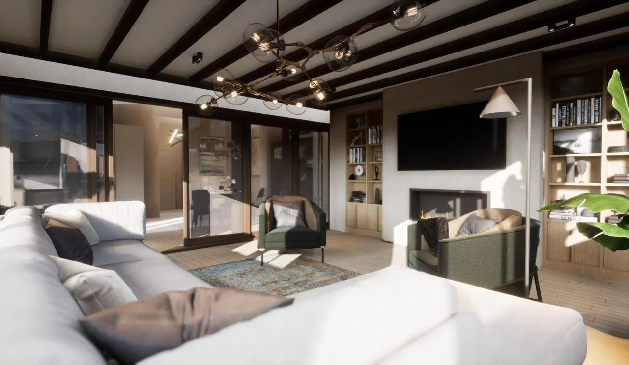 Modern living room with a fireplace, TV, and comfortable seating.