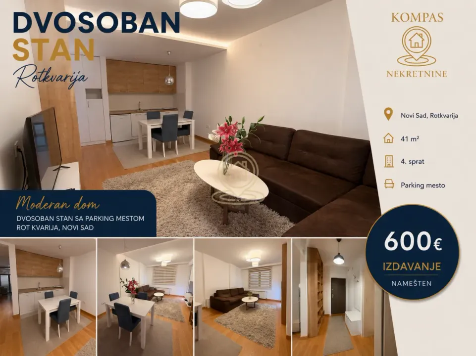 Izdavanje, dvosoban stan, 41m², Rotkvarija, Novi Sad Sve Podlokacije