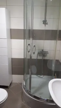 Manje kupatilo sa tuš kabinom, umivaonikom i bijelim elementima. - image 6
