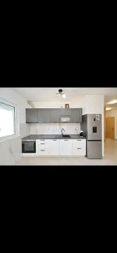 Modern kitchen with grey and white cabinets and built-in appliances. - image 8