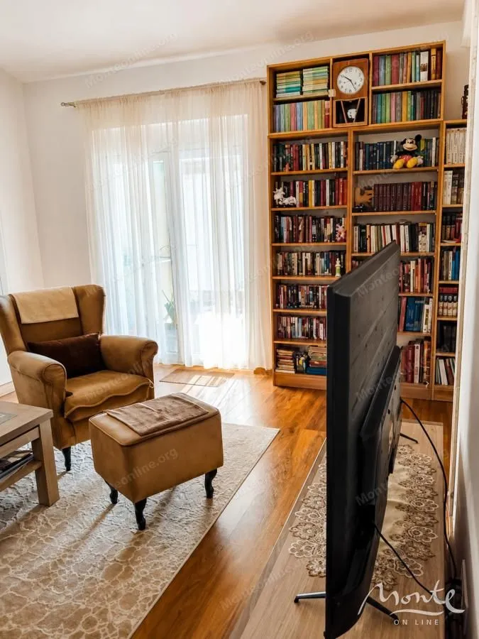 Dnevna soba sa foteljom, velikom bibliotekom i televizorom.