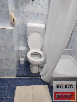 Kupatilo sa wc šoljom i tuš kabinom obloženo pločicama u plavim tonovima. - image 7
