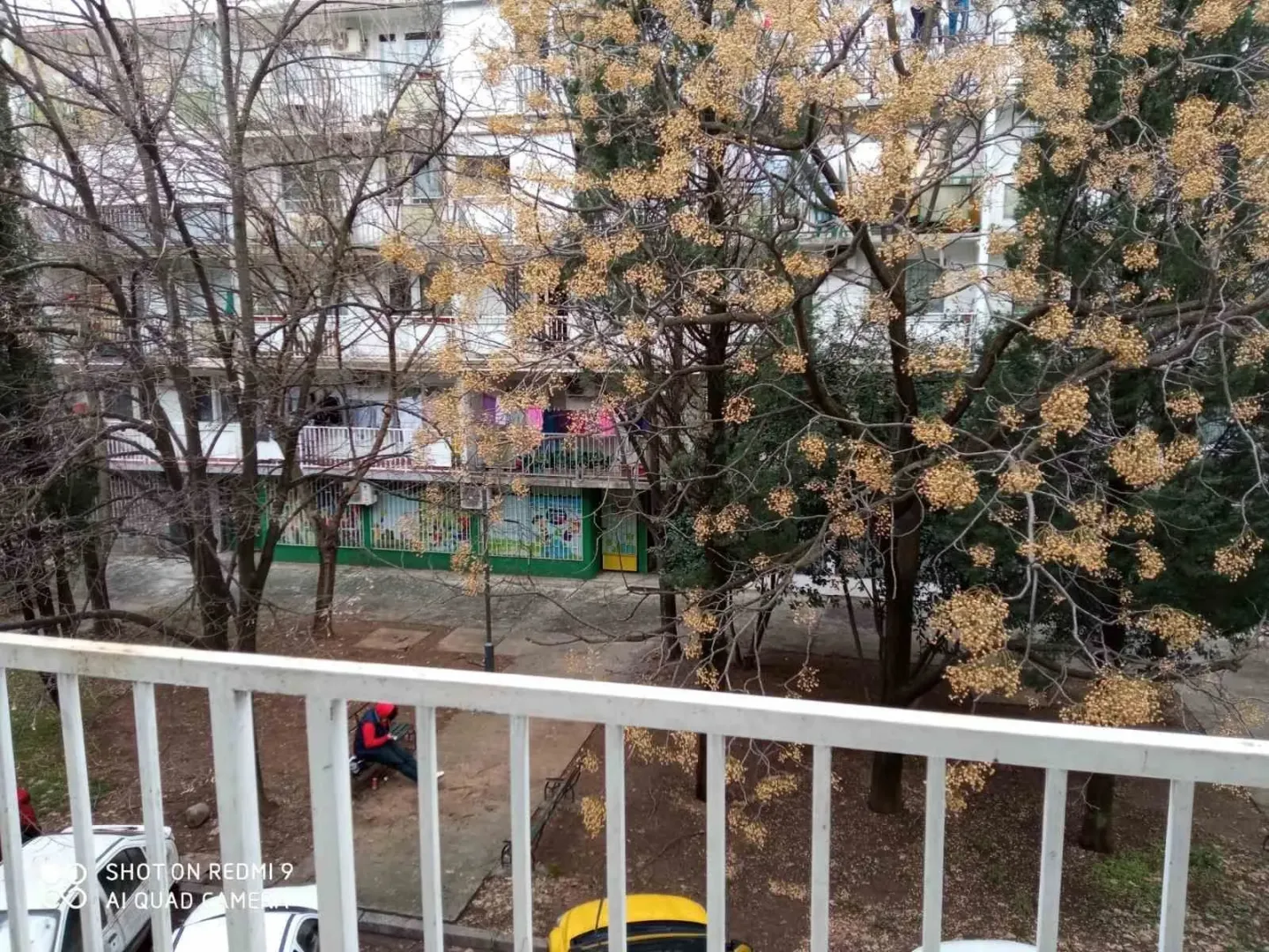View from the balcony overlooking a park and a neighboring apartment building.