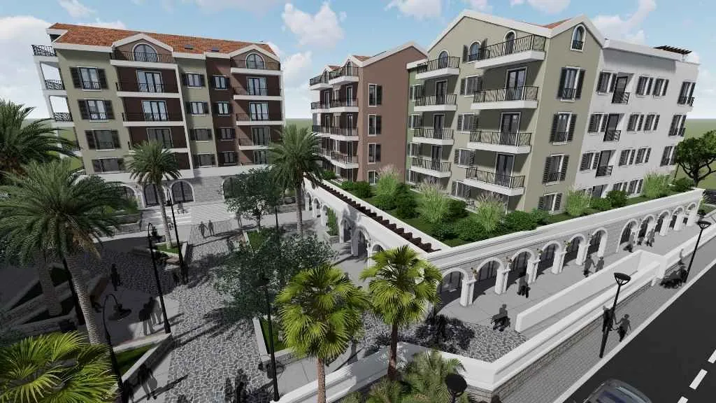 3D prikaz modernog stambenog kompleksa sa uređenim dvorištem i palmama.