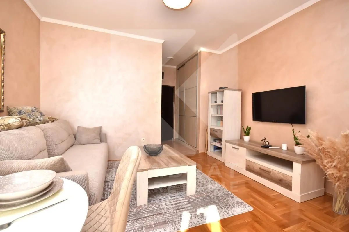 Living room with a sofa, TV cabinet, and a dining table in the foreground.