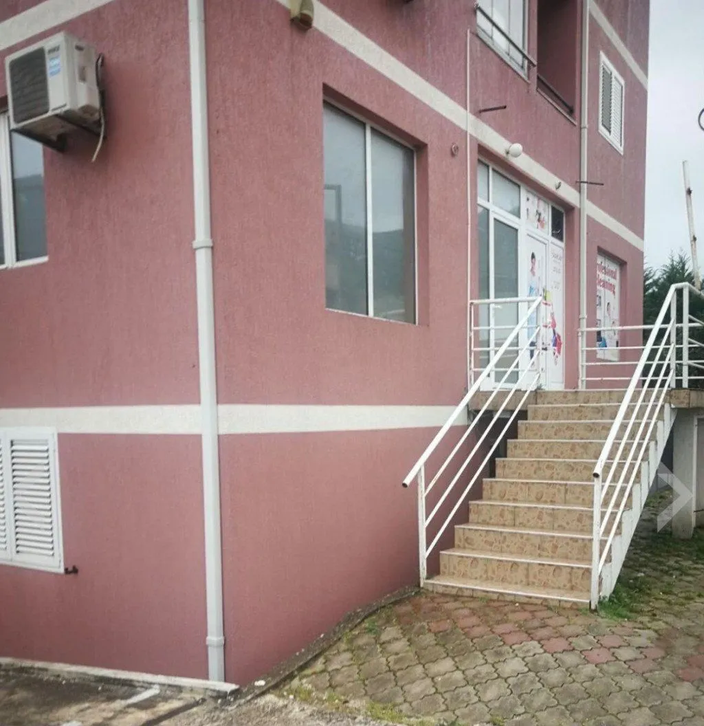 Exterior view of the building with stairs and entrance door.