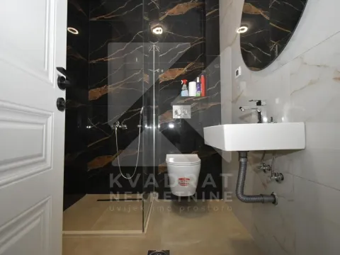 Modern bathroom with a walk-in shower, washbasin, and wall-mounted toilet. - image 8