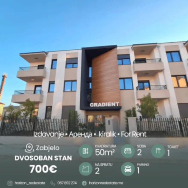 Izdavanje, dvosoban stan, 50m², Zabjelo, Podgorica