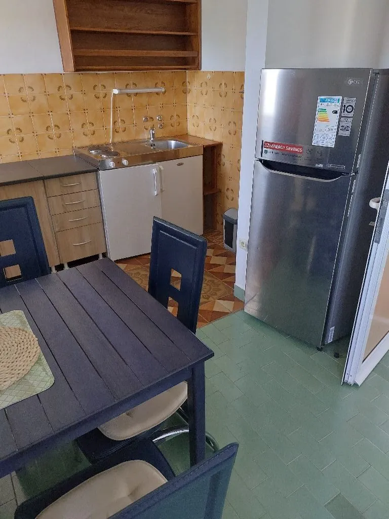 Kuhinja sa trpezarijskim stolom i frižiderom.