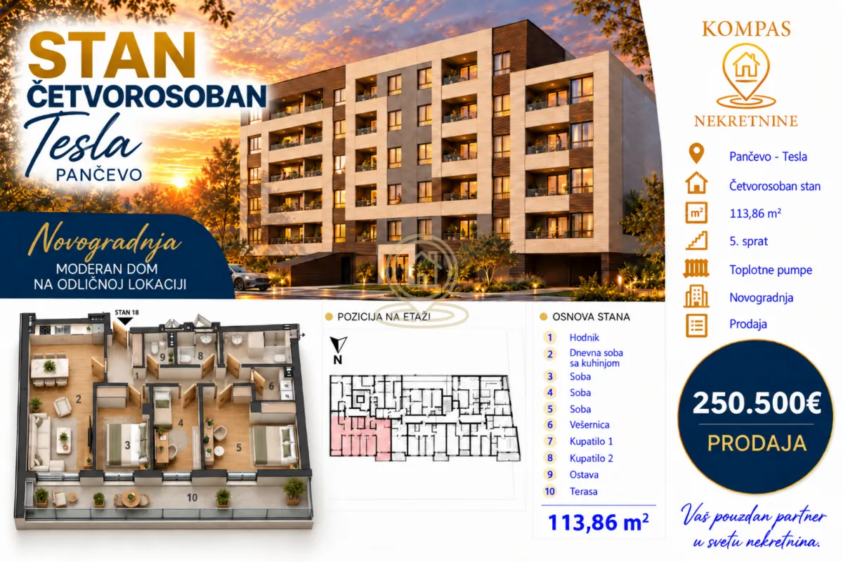 Reklamni poster sa spoljašnjošću zgrade, osnovom stana i informacijama o nekretnini.