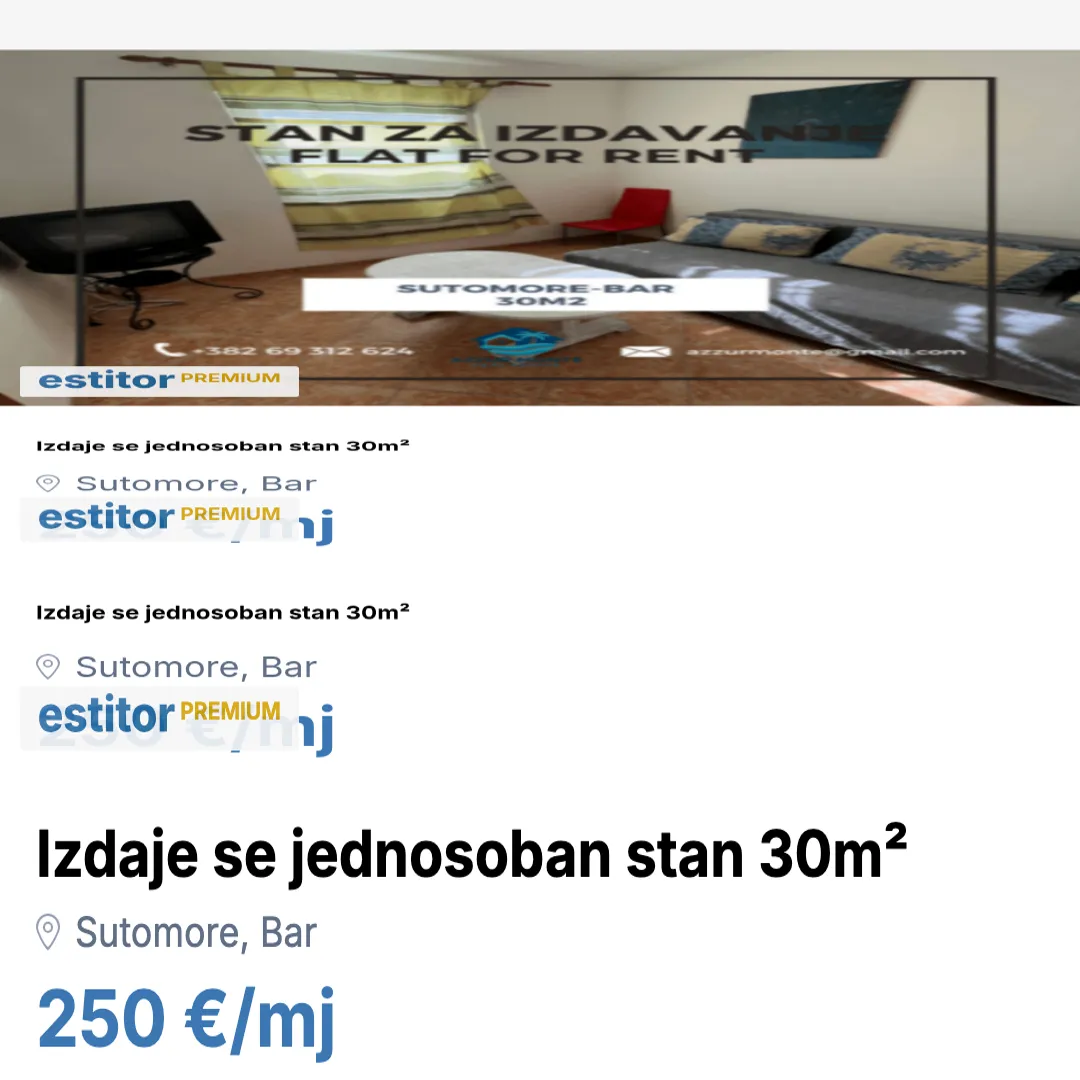 Izdavanje, jednosoban stan, 30m², Sutomore, Bar