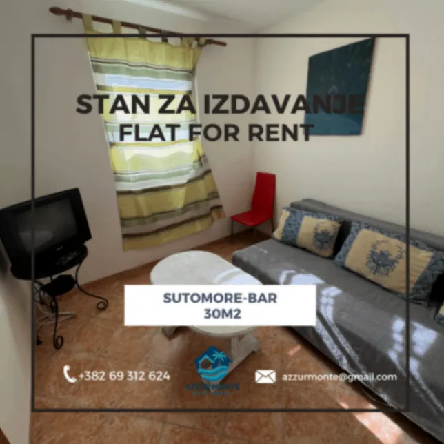 Izdavanje, jednosoban stan, 30m², Sutomore, Bar