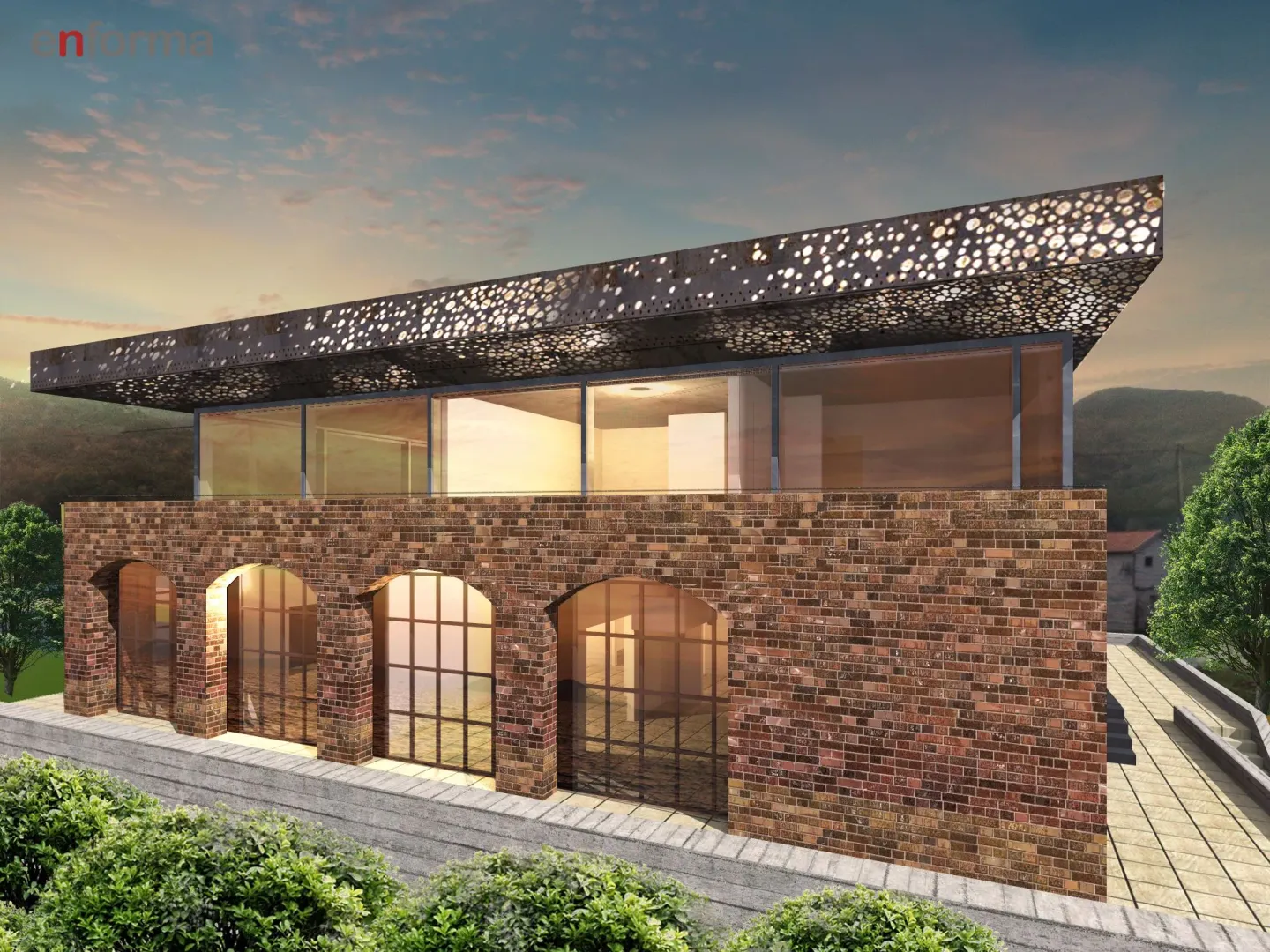 Exterior view of a modern building with a brick facade and a flat roof.